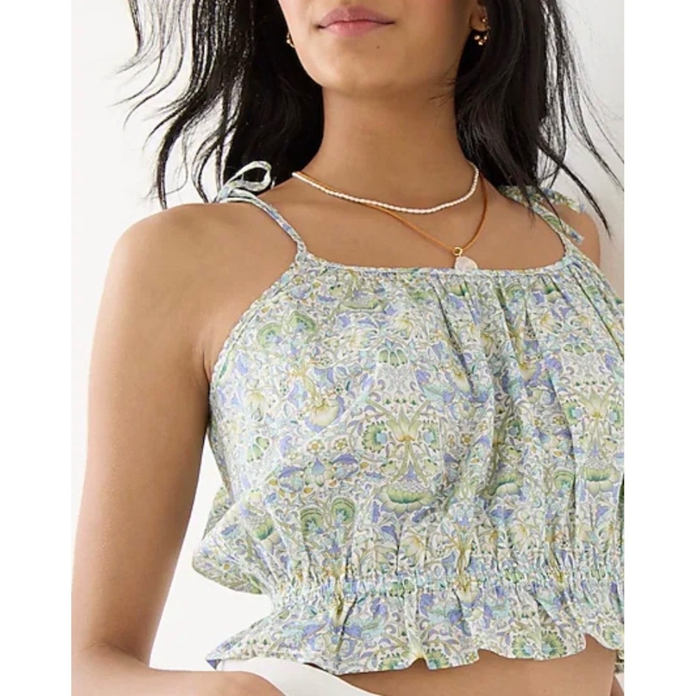 J.Crew Liberty Fabric Ruffle Waist Smocked‎ Crop Top XL Floral Tie Strap NWT